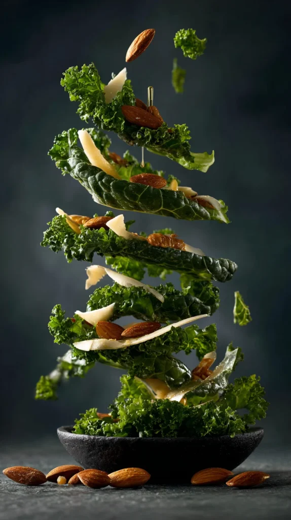 Macro view of kale leaves and roasted almonds coated in vinaigrette from the Chick Fil A kale salad recipe, highlighting textures.