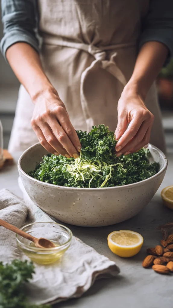 Hands tossing baby kale and cabbage in a large bowl during the preparation of the Chick Fil A kale salad recipe, with vinaigrette nearby.