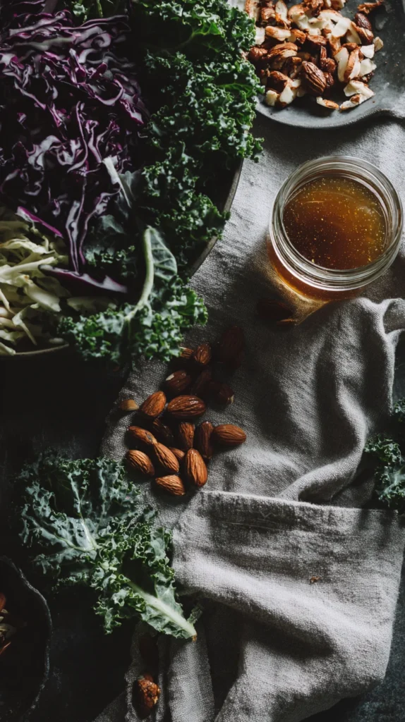 Ingredients for Chick Fil A kale salad recipe laid out: baby kale, shredded cabbage, olive oil, Dijon mustard, almonds, and apple cider vinegar.