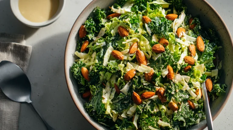 Close-up of a Chick Fil A kale salad recipe served in a ceramic bowl with baby kale, cabbage, roasted almonds, and vinaigrette, under natural lighting.