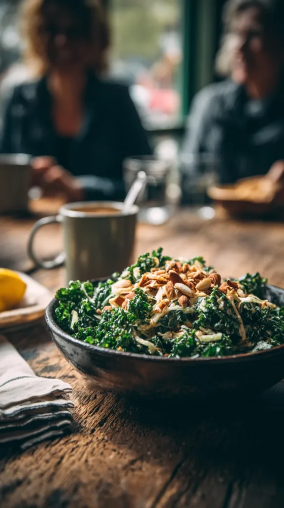 Chick Fil A kale salad recipe served in a ceramic bowl with baby kale, cabbage, vinaigrette, and roasted almonds, styled for a home-cooked meal.