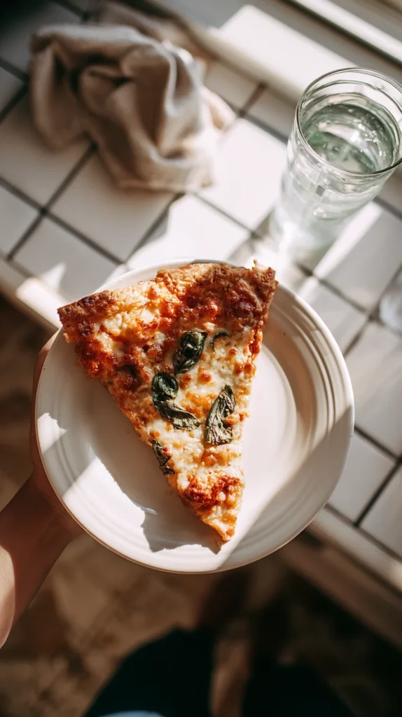 Chicken crust pizza recipe served with arugula salad on the side, plated simply for a healthy and balanced low-carb meal.