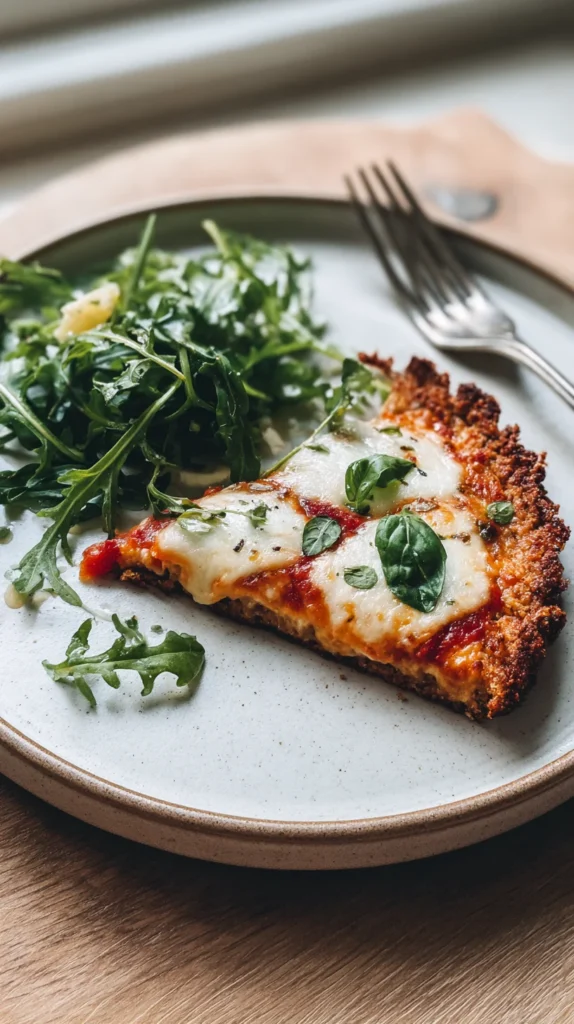 Freshly baked chicken crust pizza served on a wooden board, sliced and ready to eat, showcasing a crispy, protein-packed crust.