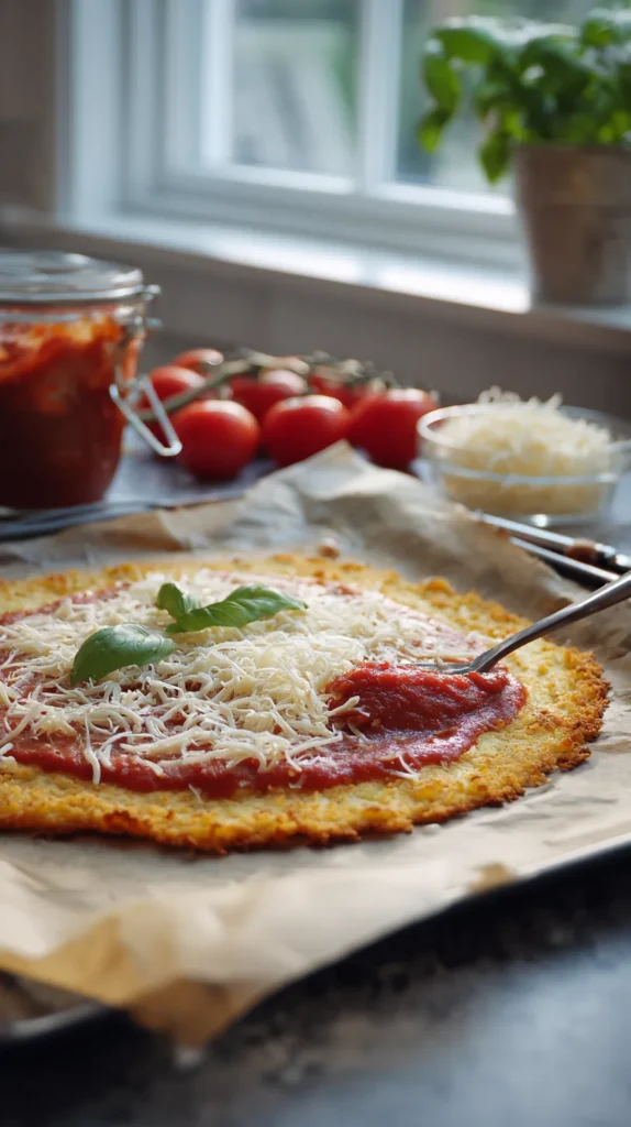 Hand pressing the chicken mixture onto parchment to form the crust — a key step in the chicken crust pizza recipe.