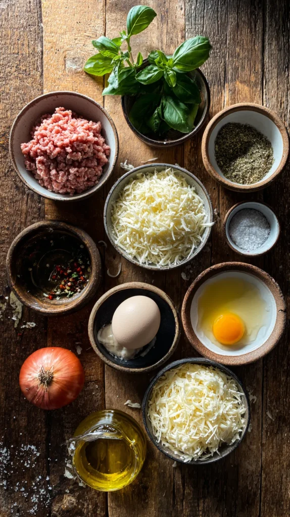 All ingredients for a chicken crust pizza recipe displayed on a kitchen surface: ground chicken, cheese, egg, spices, and olive oil.