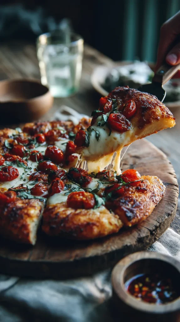 Chicken crust pizza recipe served on a white plate held above a home kitchen surface, highlighting texture and real-life serving style.