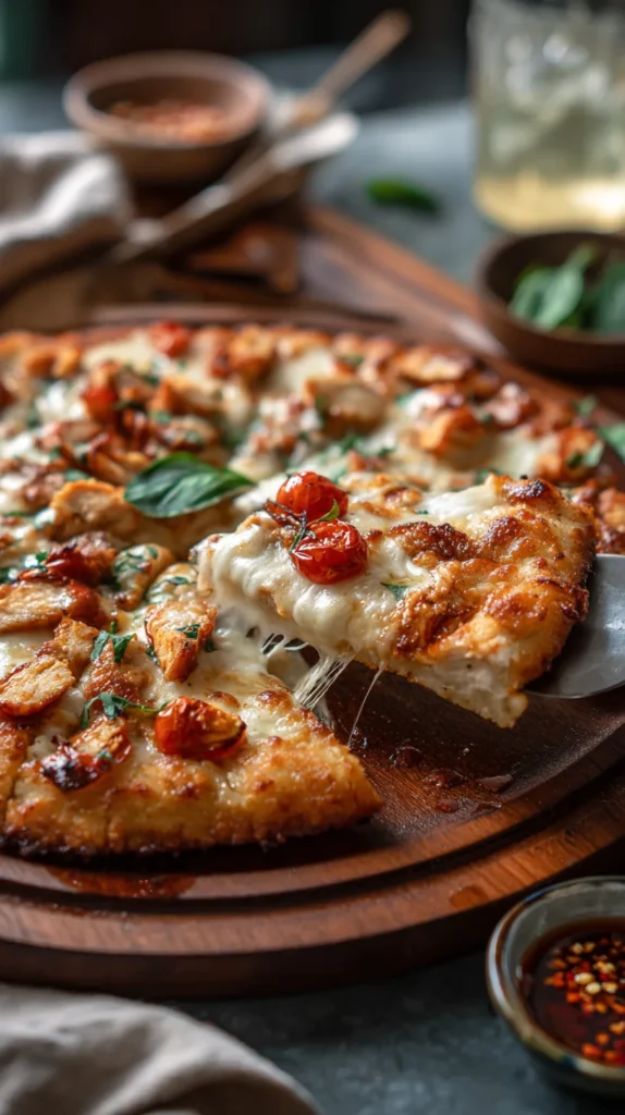 High-quality zoom photo of chicken crust pizza on a white plate with fresh toppings — styled for a modern chicken crust pizza recipe feature