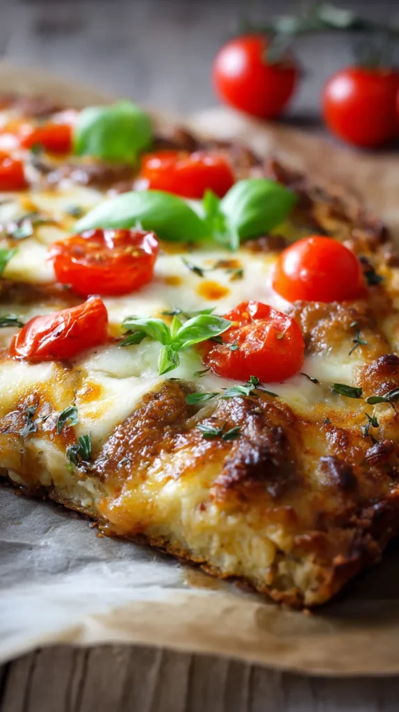 Extreme close-up on the crispy edge of a chicken crust pizza slice, showing herbs, cheese, and golden color from the chicken crust pizza recipe