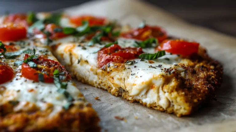 Close-up of a slice from a chicken crust pizza recipe, served on a white plate with fresh basil and melted mozzarella on a golden, crispy crust.