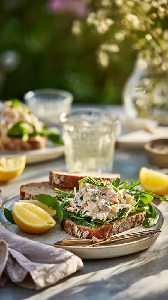Overhead view of a canned chicken salad recipe served in a ceramic bowl with herbs and lemon on a neutral background.