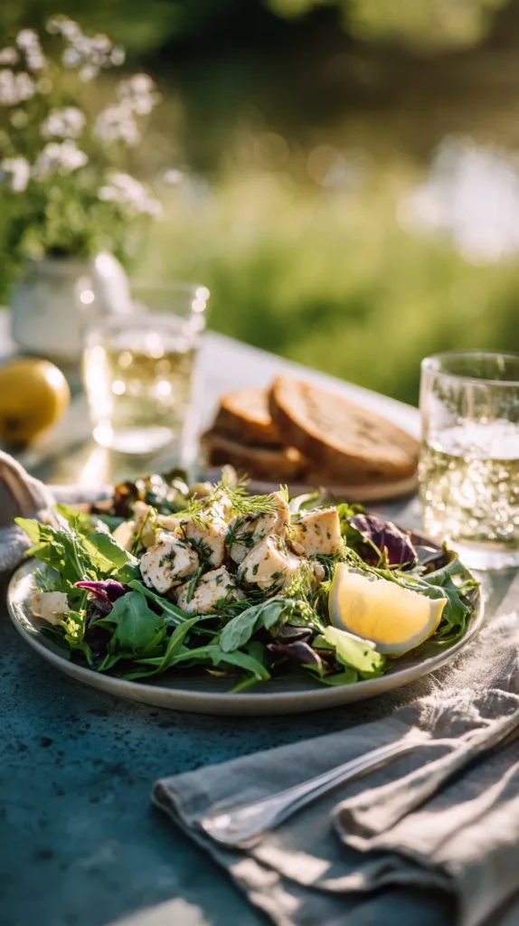 Close-up of a creamy canned chicken salad recipe garnished with fresh celery and red onion.