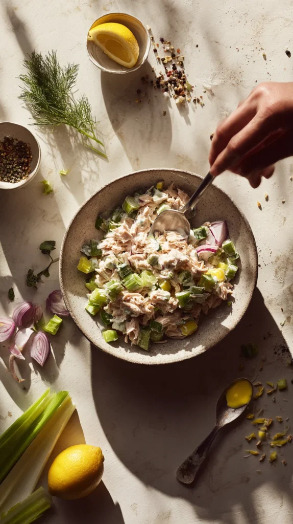 Freshly prepared canned chicken salad recipe in a white bowl on a stone table, surrounded by natural light.