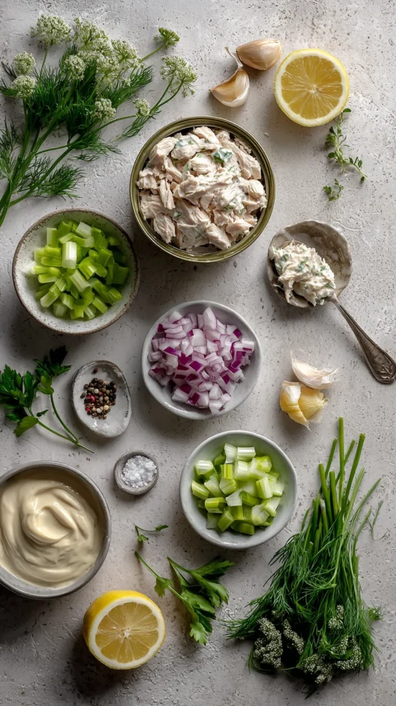 Editorial-style image of a healthy canned chicken salad recipe plated for a modern lunch setting