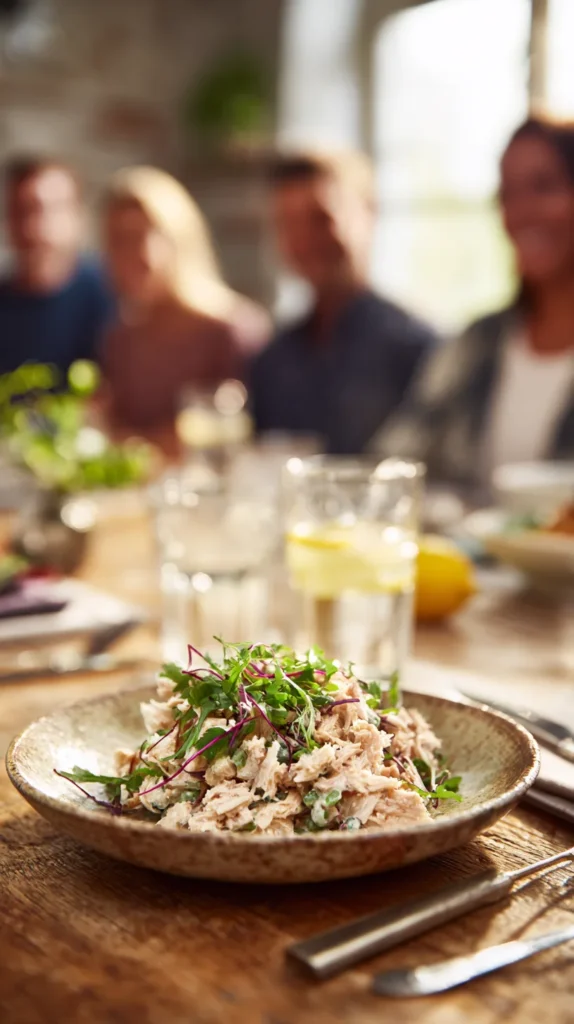 Luminous food magazine shot of a canned chicken salad recipe with artisanal bread and lemon water.