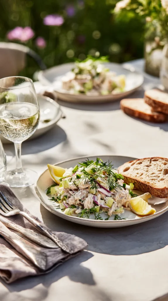 Garden setting with a canned chicken salad recipe served alfresco in bright, natural surroundings.