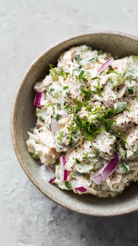 Minimalist presentation of a canned chicken salad recipe on a white plate with clean styling.