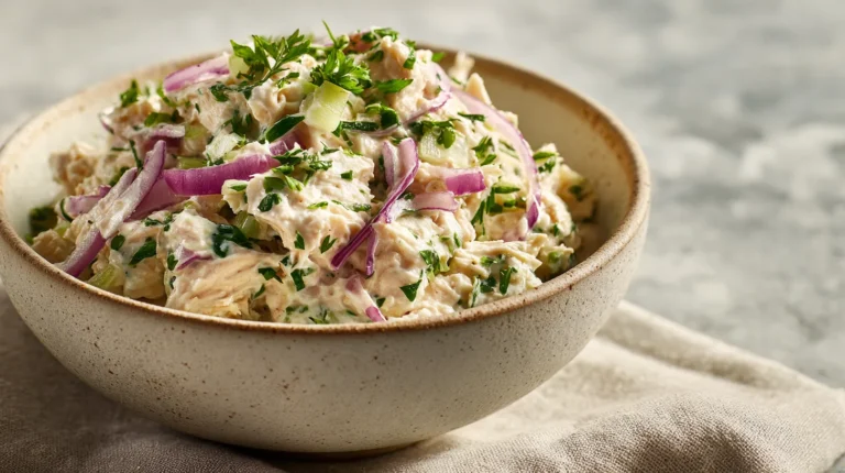 Bright, editorial-style image of a canned chicken salad served in a ceramic bowl, styled for a food magazine.