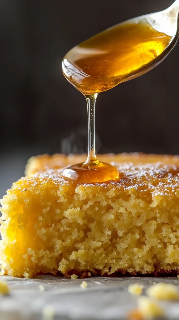 A clean overhead shot of a plated slice of Jiffy cornbread with honey butter, highlighting the soft texture and golden crust.