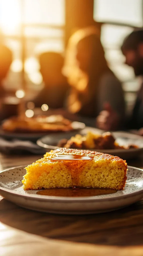A golden, fluffy slice from the Jiffy cornbread recipe served warm with melting honey butter and a light drizzle of syrup.