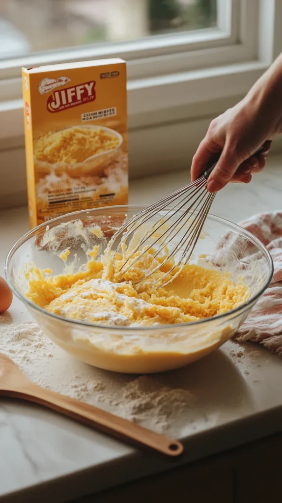 Mixing the batter for the Jiffy cornbread recipe in a glass bowl, with ingredients and utensils visible around on a modern countertop.