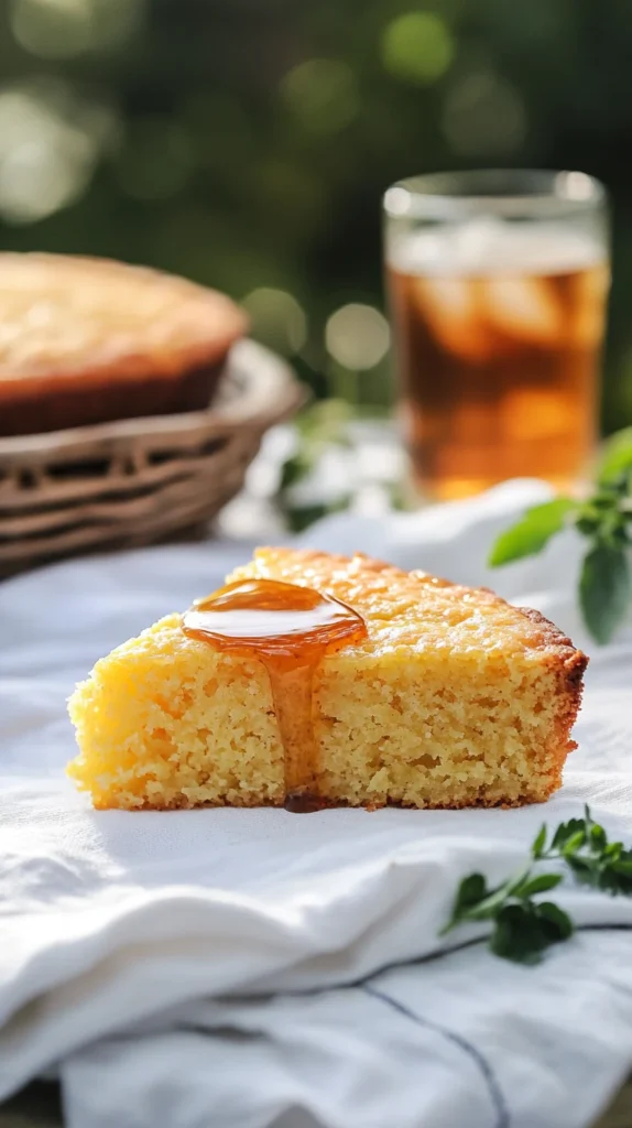 A slice of Jiffy cornbread served in the foreground with people blurred in the background, creating a cozy and social food scene.