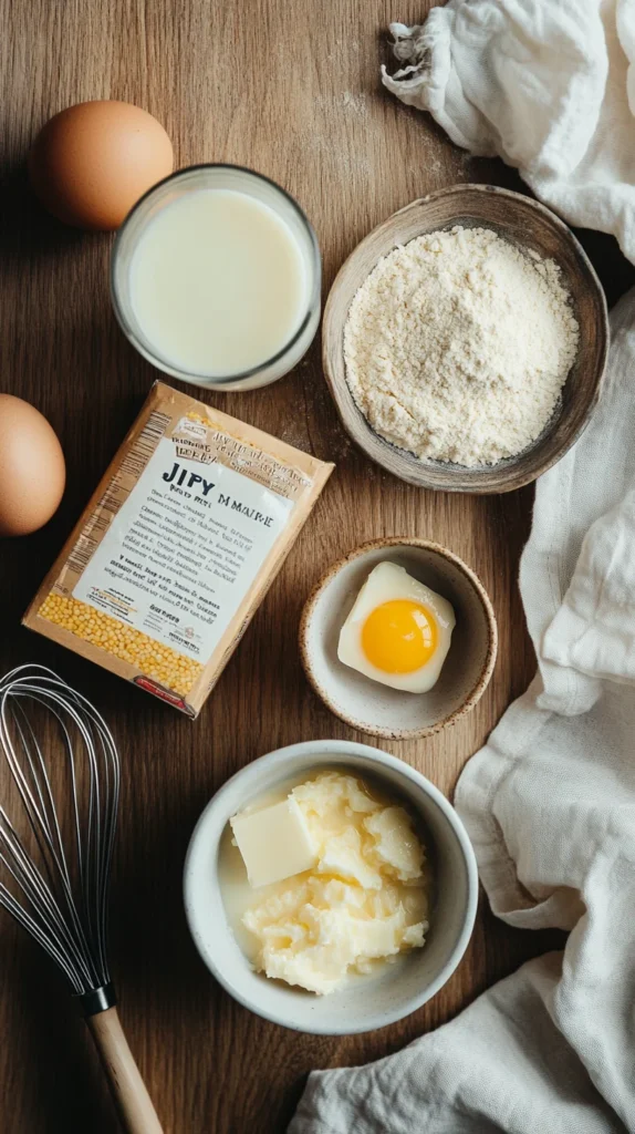 All ingredients laid out for the Jiffy cornbread recipe, including Jiffy mix, egg, milk, and melted butter on a clean kitchen surface.