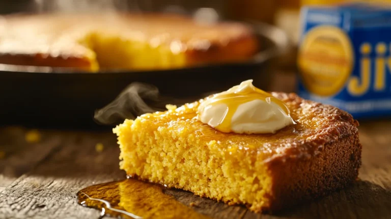 A golden slice of Jiffy cornbread on a plate with melting honey butter, soft natural light from a nearby window.
