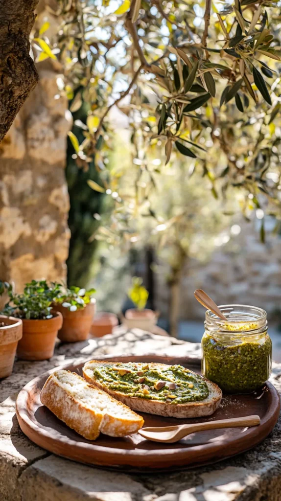 Picnic board with jar of pistachio cream recipe spread under sunny garden setting
