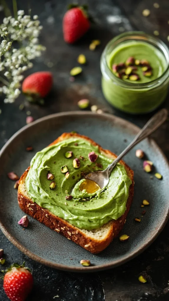 French toast drizzled with pistachio cream recipe spread and honey on white plate