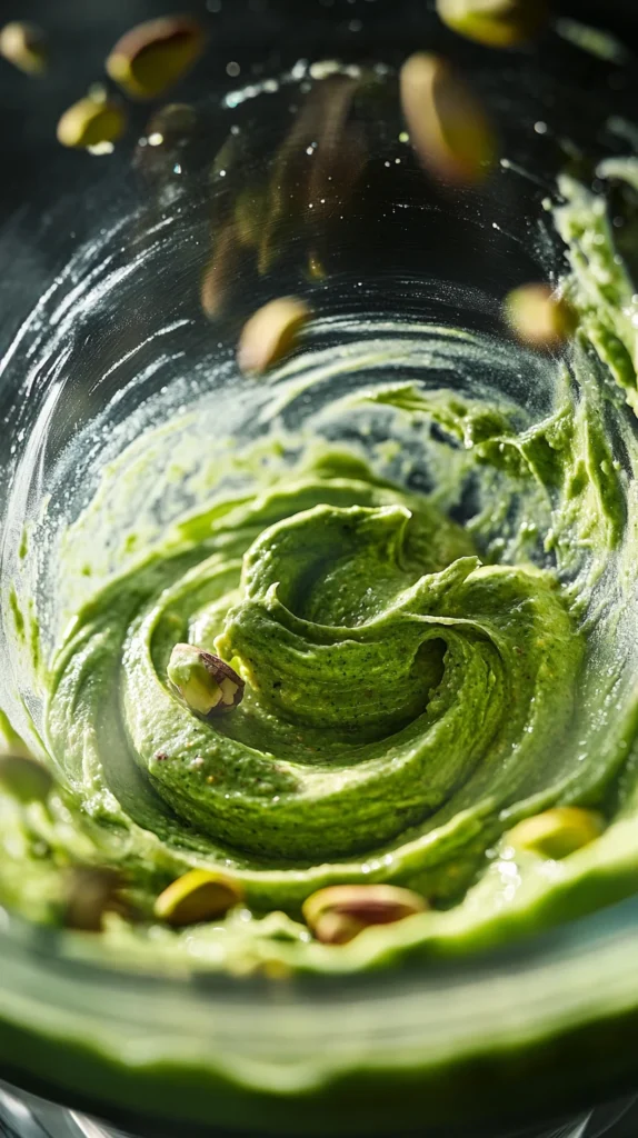 Blender vortex whipping glossy green mixture during pistachio cream recipe preparation