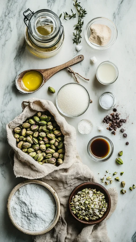 Raw pistachios, sugar, oil and milk powder neatly arranged for pistachio cream recipe ingredients flat-lay