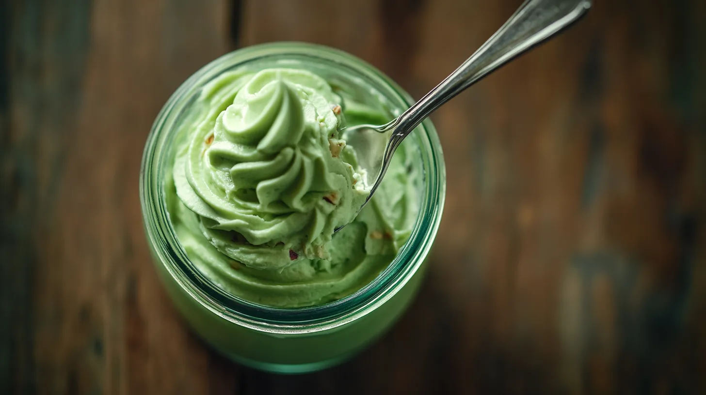 Silky emerald pistachio cream ribbon pouring from silver spoon into glass jar — pistachio cream recipe in action