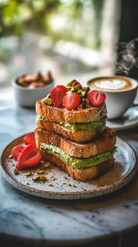 Brioche toast topped with pistachio cream recipe spread, strawberries, crushed pistachios and cappuccino