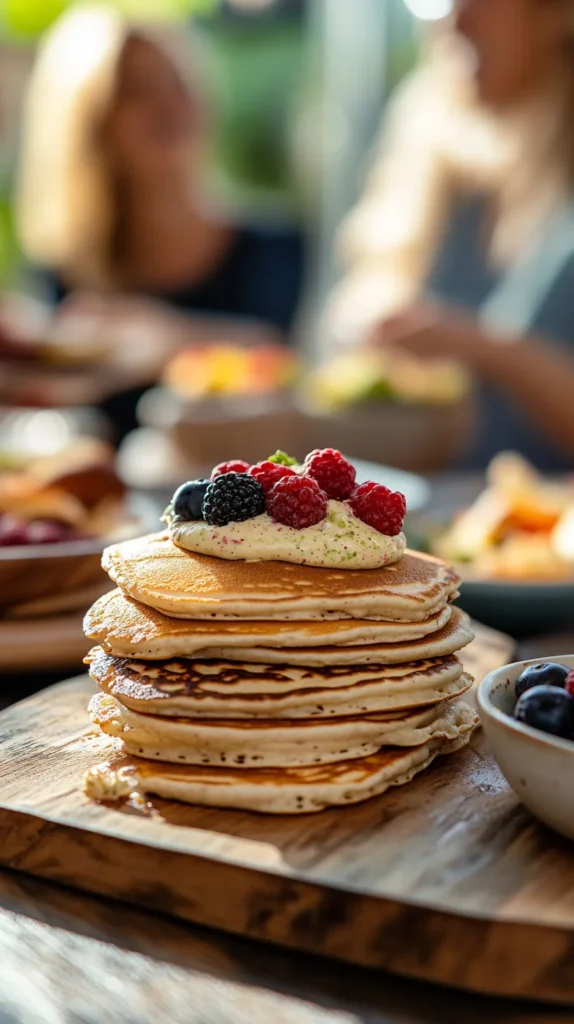 Pancake stack drizzled with pistachio cream recipe swirl, mixed berries beside, smiling friends blurred in café background