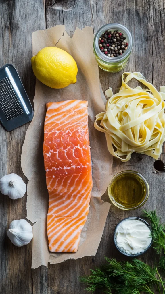 Flat lay of fresh ingredients for a salmon pasta recipe, including raw salmon, pasta, cream, lemon, garlic, and fresh herbs