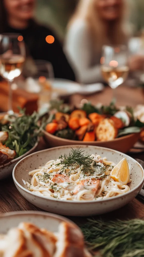 Close-up of a salmon pasta recipe with flaky salmon, fettuccine, and garlic cream sauce, served elegantly in a modern setting.