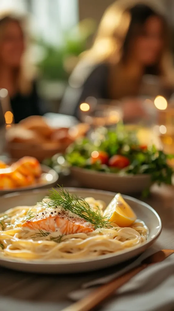 Elegant salmon pasta recipe presented in a shallow bowl with golden pasta, creamy sauce, and perfectly cooked salmon pieces