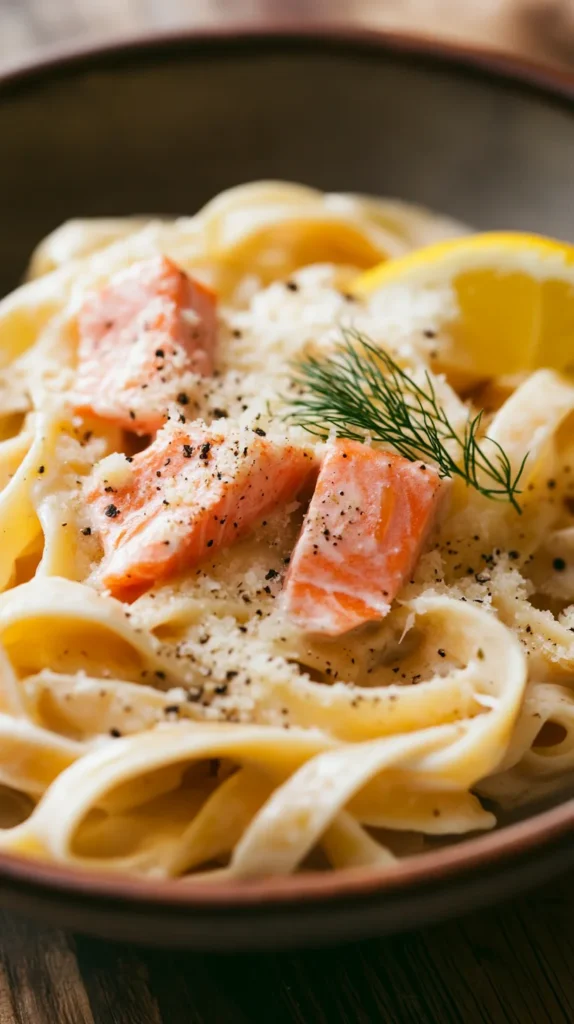 Artistic presentation of salmon pasta recipe with edible flowers and Parmesan curls on a matte white plate