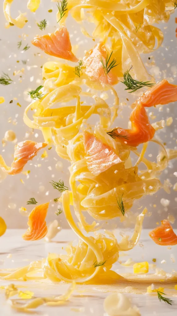 Top-down view of a gourmet salmon pasta recipe on a round white plate, garnished with microgreens and lemon zest
