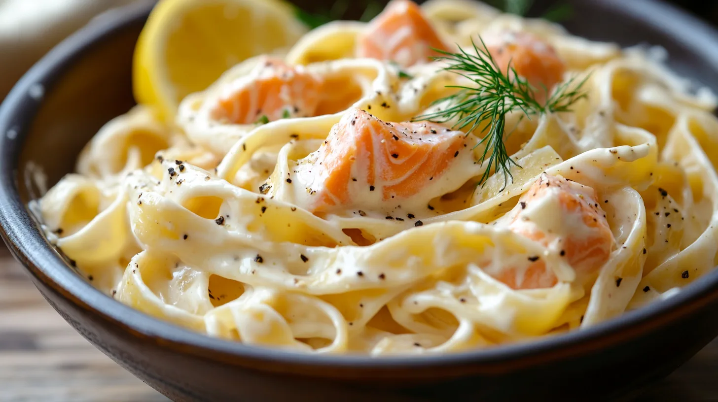 Preparation of creamy salmon pasta recipe with fresh ingredients in a rustic Mediterranean kitchen, featuring salmon, pasta, lemon, and herbs.