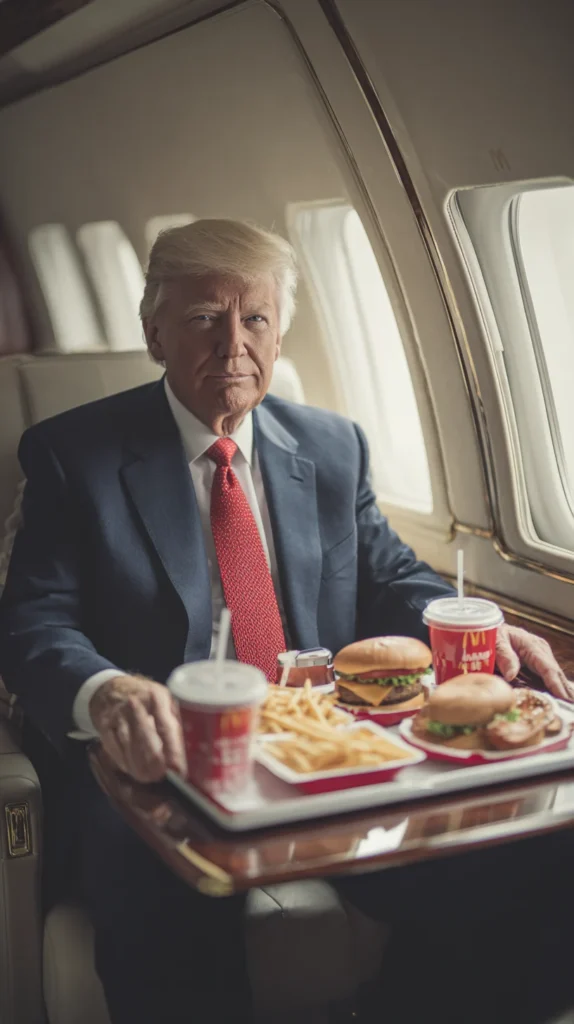 A man in a suit (Trump) sitting on a private jet eating fast food, with a tray of Big Macs, fries, and a Diet Coke — representing Trump food habits in travel.
