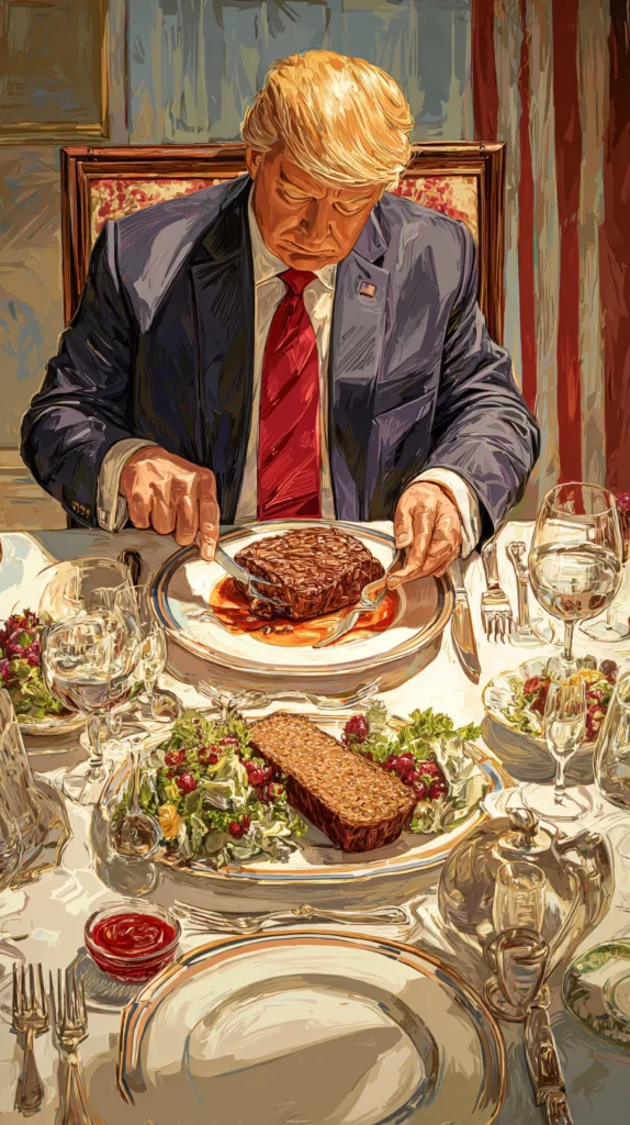 A presidential-style dinner table with a well-done steak and ketchup, next to a traditional American meatloaf, symbolizing Trump food preferences at formal meals