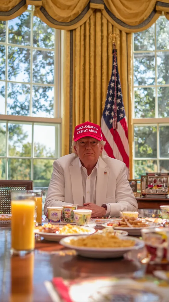A presidential outdoor dining scene featuring a taco bowl, pizza, bacon, and cereal arranged on a table in the White House garden — inspired by Donald Trump’s favorite breakfast foods
