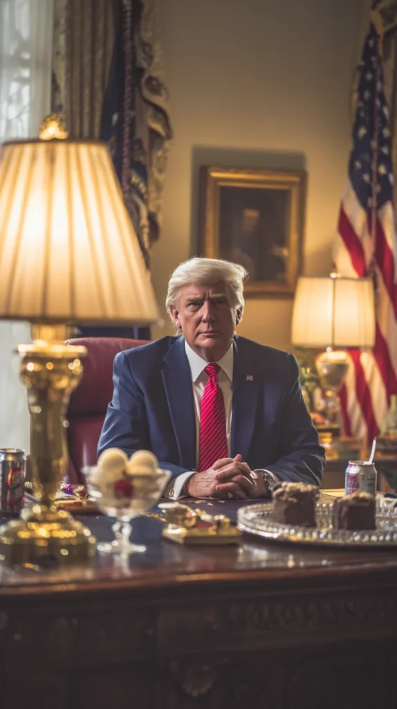 A desk scene with a silver tray holding a Diet Coke, ice cream scoops, and chocolate cake in a formal setting — showcasing Trump food dessert and drink habits.