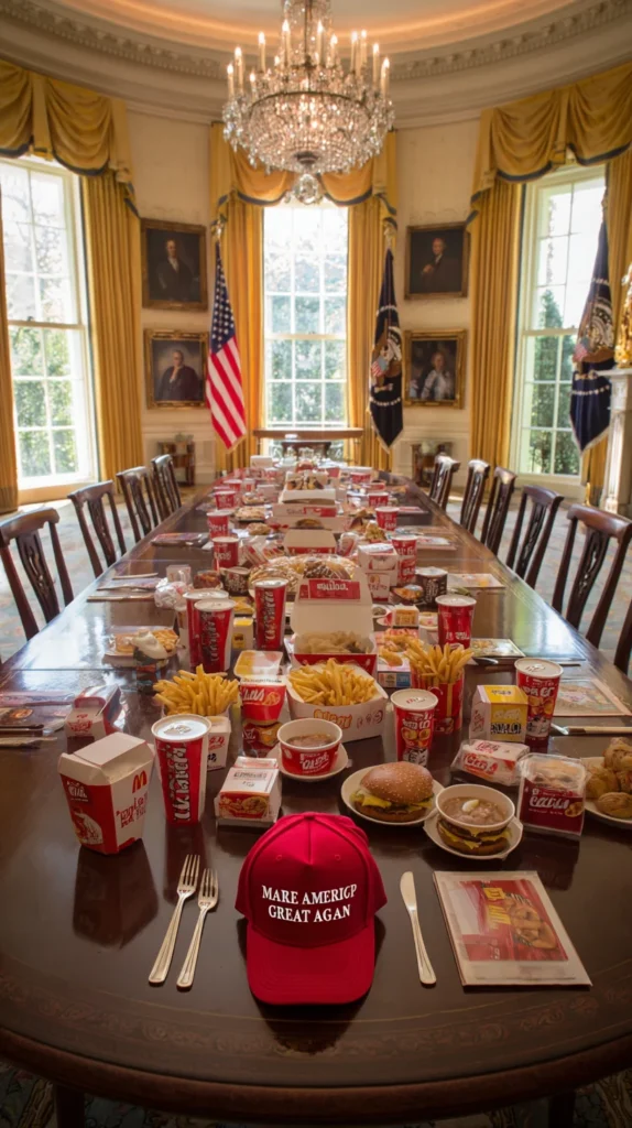 A presidential buffet table in the White House garden, featuring Big Macs, KFC, taco bowls, Diet Coke, and a MAGA cap — a full Trump food spread without any person.