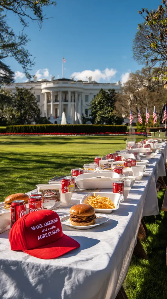A White House garden picnic table set with neatly arranged Trump food items like burgers, fries, Diet Coke, and a red MAGA cap, captured in a clean, patriotic, realistic outdoor scene.