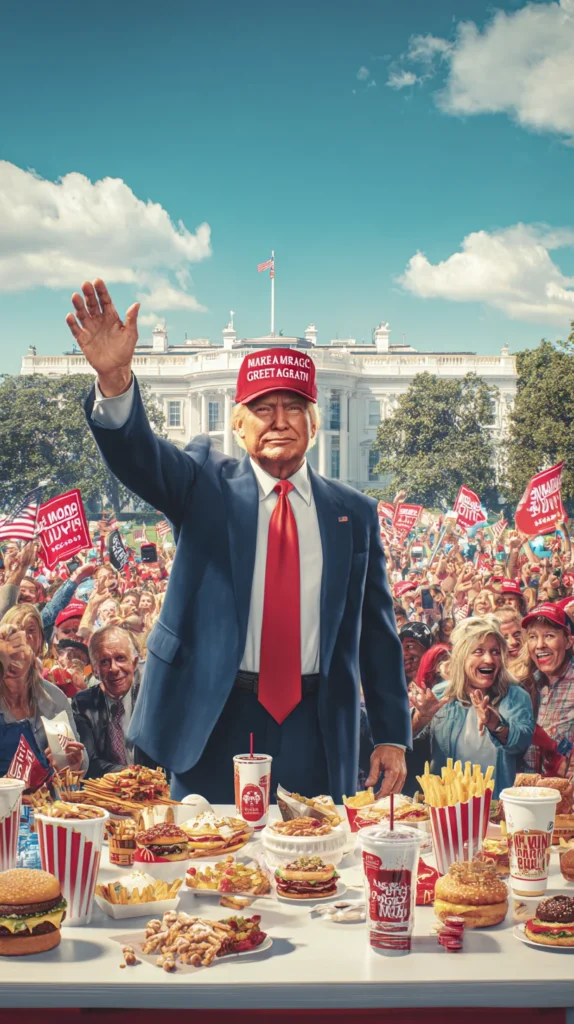 Trump food rally scene: a man resembling Trump with a red MAGA cap raises his hand beside a table full of Trump food—Big Macs, fries, KFC, and Diet Coke—while a large patriotic crowd cheers in front of the White House