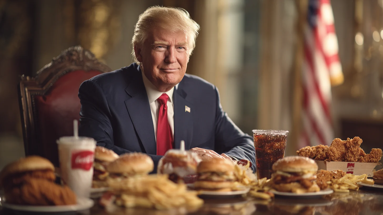 A confident older man wearing a suit and red tie, seated at a luxurious table filled with fast food like Big Macs and fries, with a Diet Coke and an American flag in the background, evoking the Trump food style.